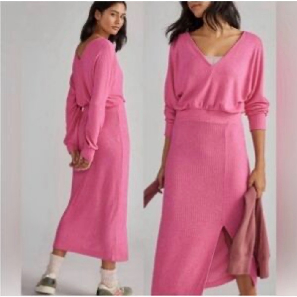 H3 Daily Practice by Anthropologie Pink Ribbed V-Neck Midi Dress‎ Long Sleeve S